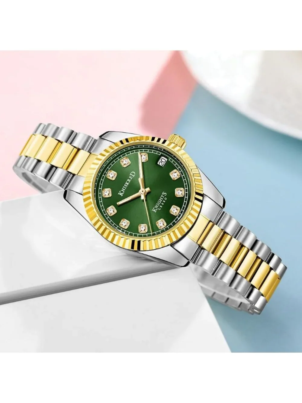 Women's Silver Green Crystal Accented Dial Solid Stainless Steel Band Wristwatch